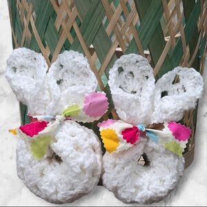 Hand Crafted White Crochet Baby Booties with Colorful Floral Bows